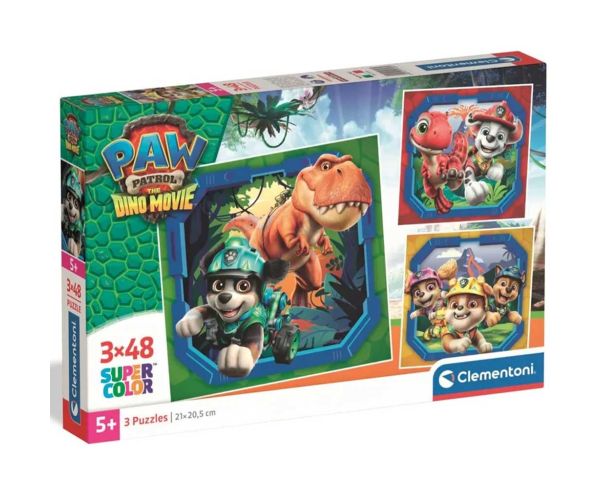 Paw Patrol Filmul cu Dinozauri 3x48bucăți Supercolor puzzle - Clementoni