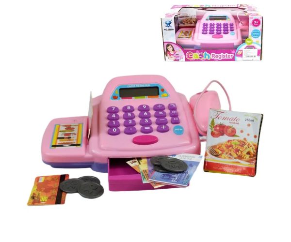 Casă de marcat electronică roz cu lumină și sunet, bani de jucărie 25x14cm