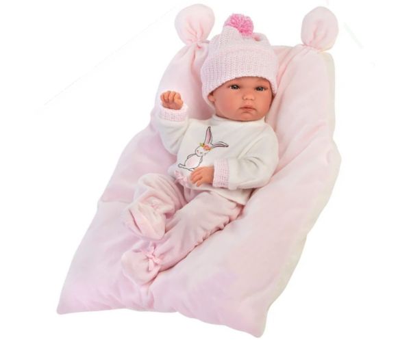 Llorens: Bimba păpușă fetiță nou născut cu pernă și șapcă 35cm