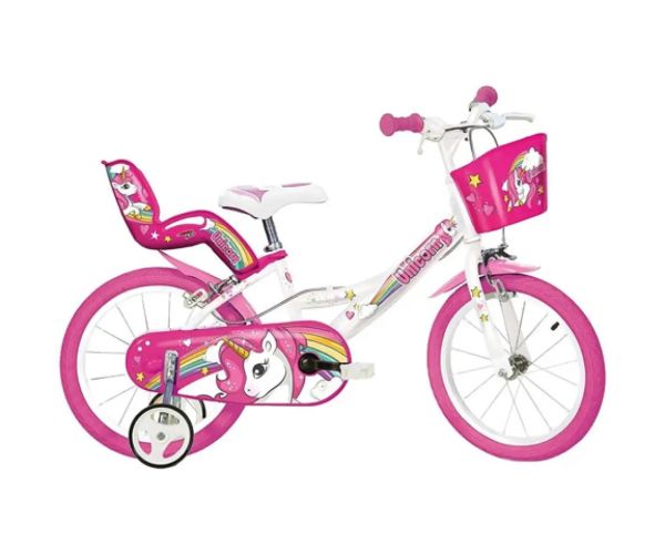 Bicicletă pentru copii roz-alb cu unicorn de mărimea 14 - bicicletă Dino Bikes