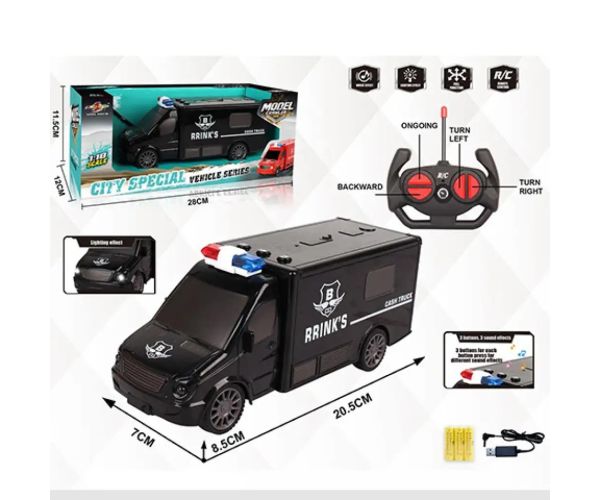 Microbuz RC cu telecomandă care transportă bani cu efecte de lumină și sunet la scară 1:18 20cm