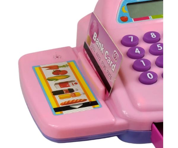 Casă de marcat electronică roz cu lumină și sunet, bani de jucărie 25x14cm