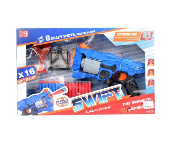 Swift Launcher: Pistol cu burete manual cu magazie rotativă si cartuse si tinta de 32 cm