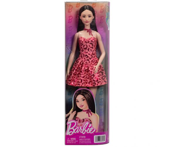 Barbie: Fashionista Prietene cu păr brunet, păpușă de modă stilată în rochie cu model de leopard – Mattel