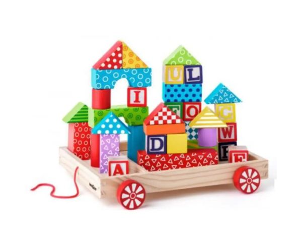 Lemn ABC vehicul cu cuburi de construcție și cuburi de litere
