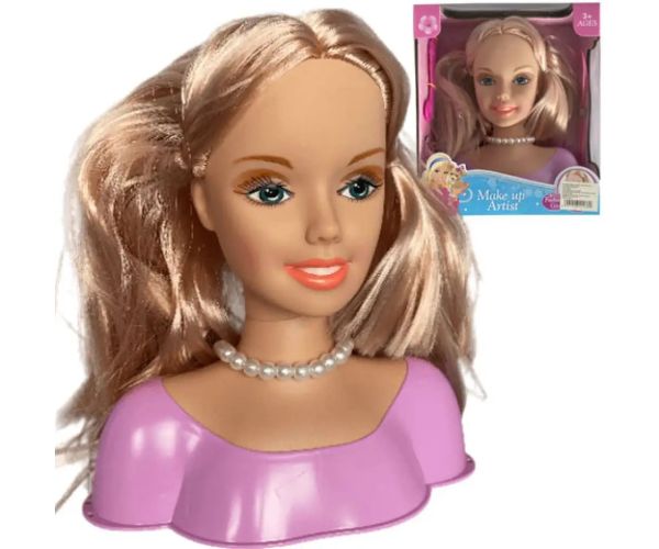 Cap de păpușă cu păr lung și blond pieptănabil cu agrafe de păr si accesorii