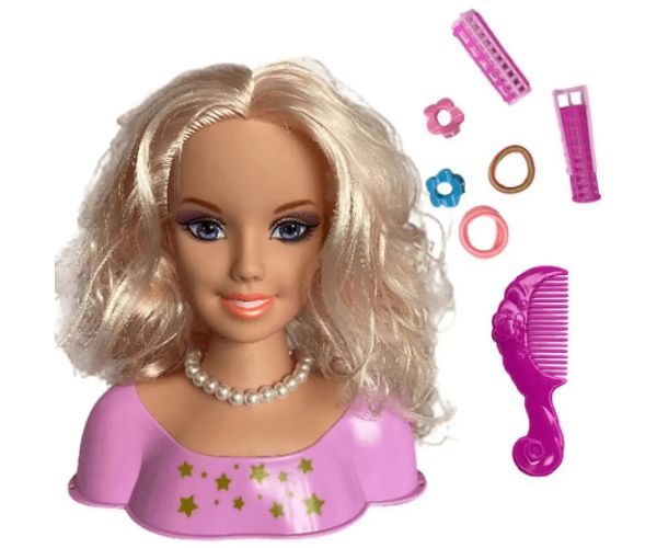 Cap de păpușă cu păr lung și blond pieptănabil cu colier de perle si accesorii