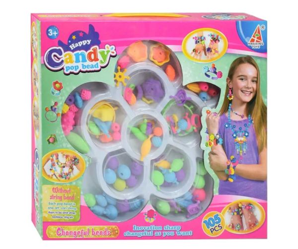 Candy PopBead: Set de mărgele pentru bijuterii din 105 piese, cu mărgele colorate, inele și accesori