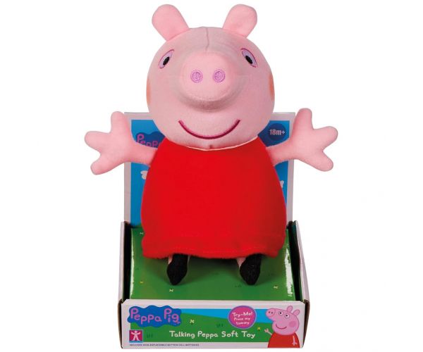 Figurina de pluș Peppa porcul vorbitor în rochie roșie de 20cm