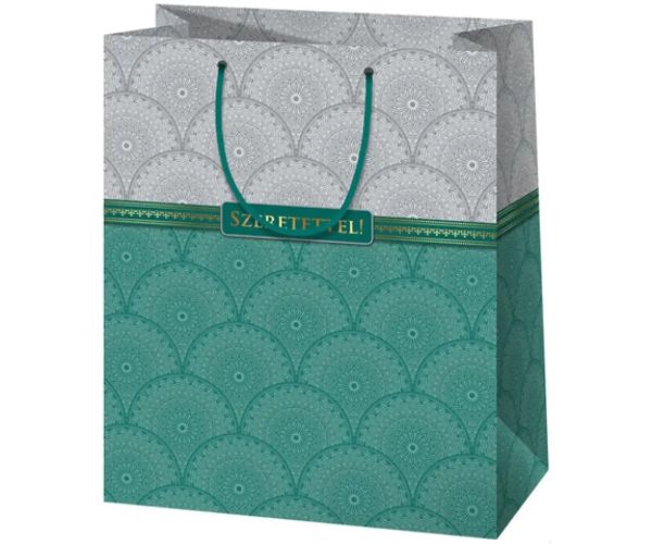 Szeretettel! pungă cadou elegantă cu incrustație de aur 26x13x33cm