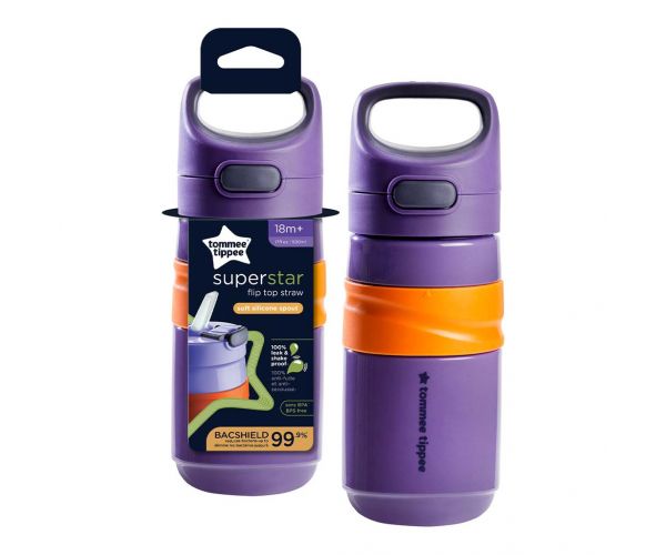 Tommee Tippee: Superstar Flip top straw Pahar cu pai violet 500ml (18 luni+)