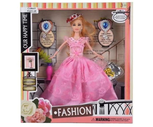 Fashion păpușă cu pălărie, în haine bal roz cu accesori 29cm