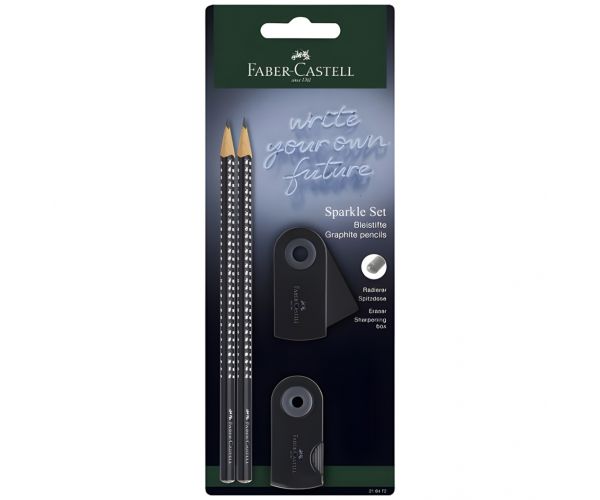 Faber-Castell: GRIP Sparkle set de 4 creioane grafit negre cu radieră și ascuțitoare