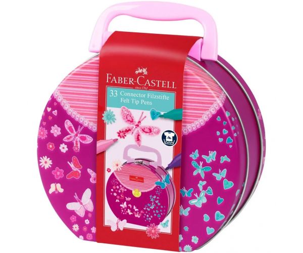 Faber Castell: Set de 33 carioci Connector în trusă metalică de mână cu model de fluture