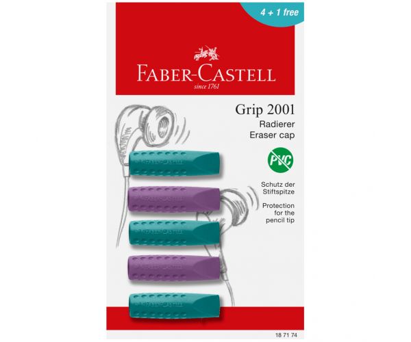 Faber-Castell: Set de 5 radiera cu capac GRIP în culorile mov și albastru