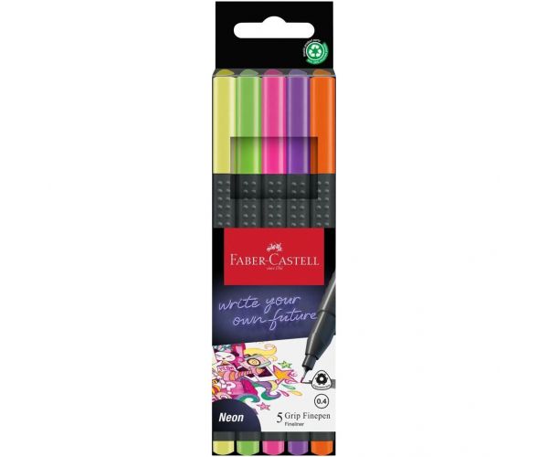 Faber-Castell: Set de carioci cu vârf fin Grip neon 0,4 mm, 5 bucăți