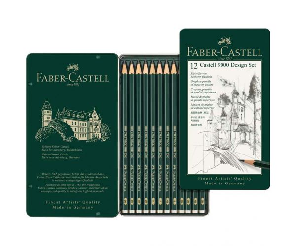 Faber-Castell: Set de creioane grafit 9000 Design, în cutie metalică, 12 bucăți