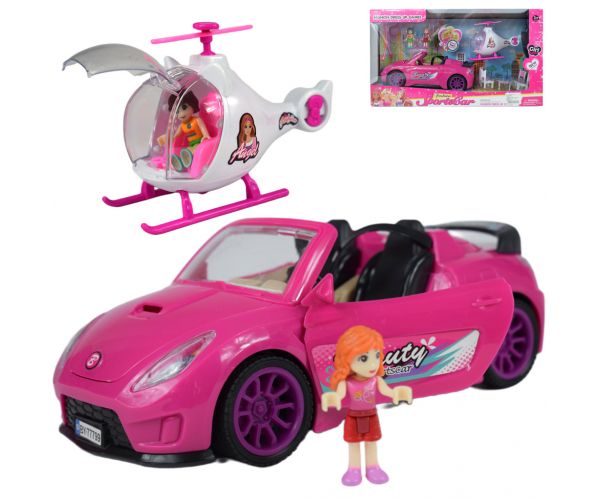 Fashion Sport Car: Set de mașină sport roz cu lumină și sunet, cu elicopter.