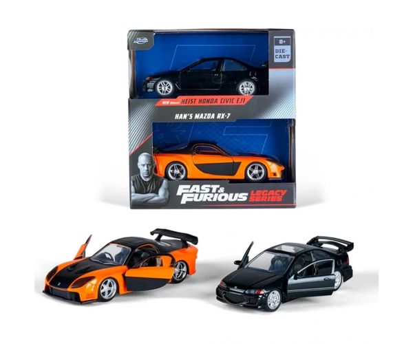 Fast & Furious: Seria Legacy Set model de mașini metalice Han’s Mazda RX-7 & Heist Honda Civic la scară 1/32 - Jada Toys