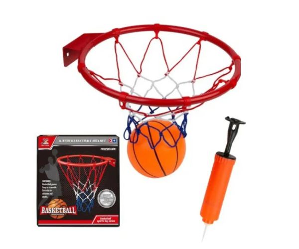 Set de inele metalice de baschet cu plasă colorată, cu minge și pompă 22cm