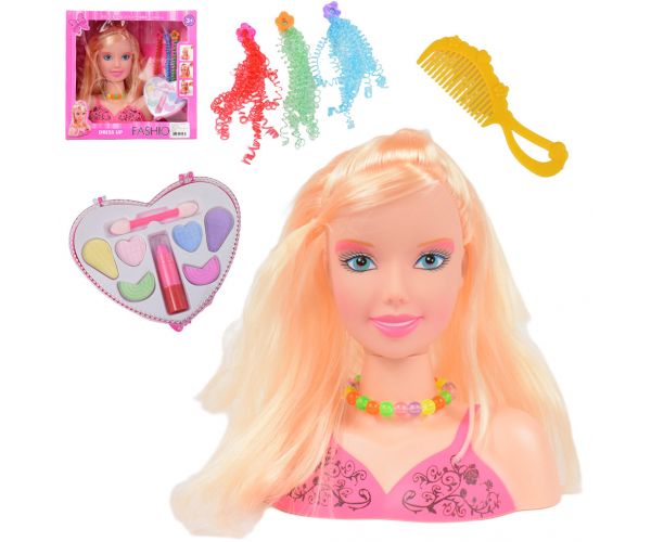 Fashion Girl: Cap de papusa pieptanabil cu par blond cu paleta de machiaj si accesorii 21cm