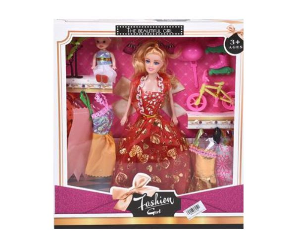 Fashion Girl: Baba és gyermek baba szett kerékpárral és kiegészítőkkel 28cm-es