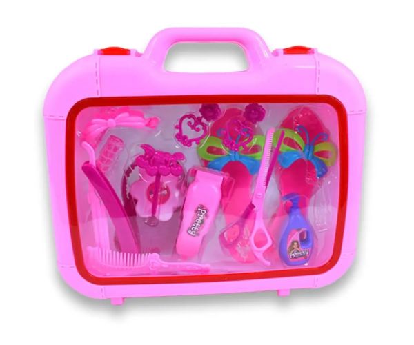 Set de frumusețe cu accesorii pentru coafor, pantofi și cercei într-o geantă