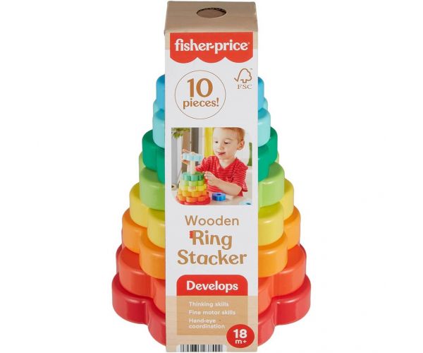 Fisher-Price: Piramidă din lemn cu inele - jucărie educativă - Mattel