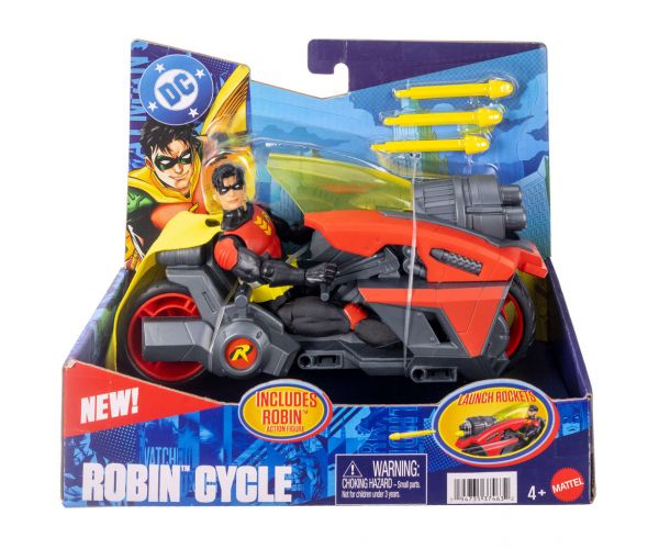 Figurină de acțiune DC Robin cu motocicletă și rachete lansatoare – Mattel