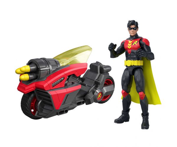Figurină de acțiune DC Robin cu motocicletă și rachete lansatoare – Mattel