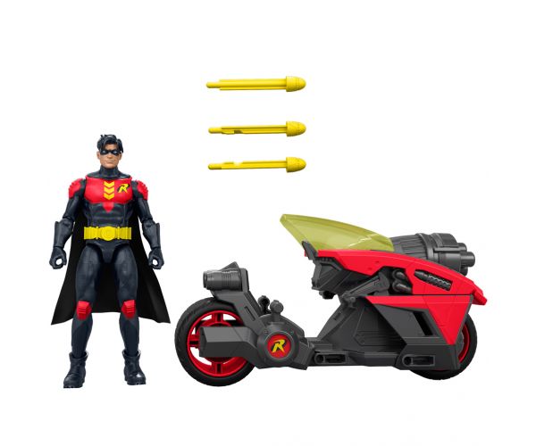 Figurină de acțiune DC Robin cu motocicletă și rachete lansatoare – Mattel
