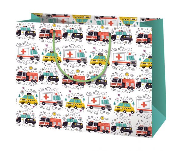 Geantă de cadou de dimensiune medie cu model de ambulanță, poliție și pompieri 23x10x17,8cm
