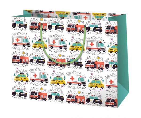 Geantă de cadou mare cu model de ambulanță, poliție și pompieri 33x26,7x13,7cm
