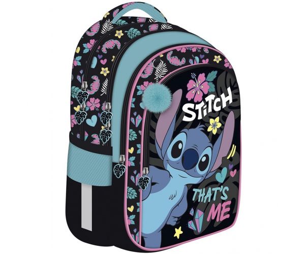 Ghiozdan/rucsac școlar cu imprimeu Disney Stitch, 4 compartimente, cu pompon albastru BPL58 40x29x19 cm