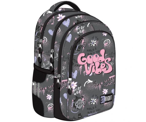 Ghiozdan școlar gri cu inscripția St.Right Good Vibes, rucsac BP58 40x28x18cm