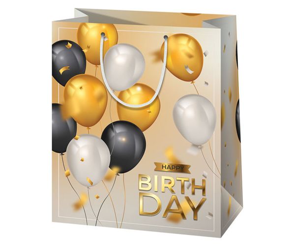Happy Birthday! baloane auriu pungă cadou dimensiune medie 18x10x23cm