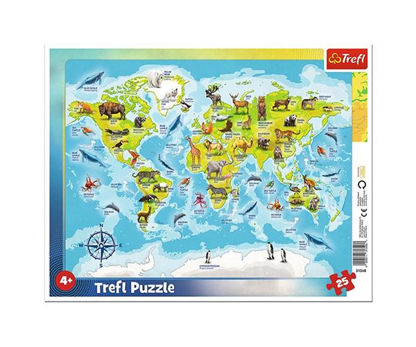 Harta Lumii cu animale 25 bucăți puzzle cu ramă - Trefl