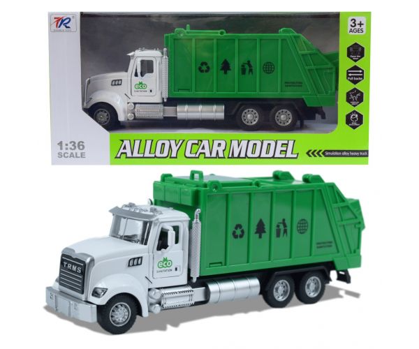 Heavy Duty Truck: Hátrahúzós fém szelektív hulladékgyűjtő teherautó modell nyitható ajtókkal és kukával 1/36