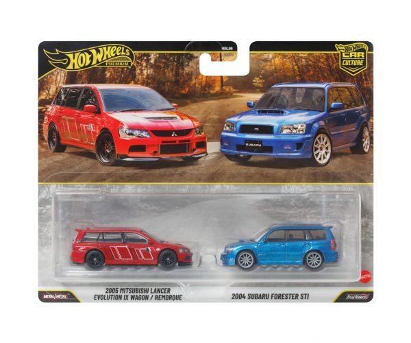 Hot Wheels: Deluxe 2005 Mitsubishi Lancer Evolution IX Wagon și 2004 Subaru Forester STI, set de 2 mașinuțe 1/64 - Mattel