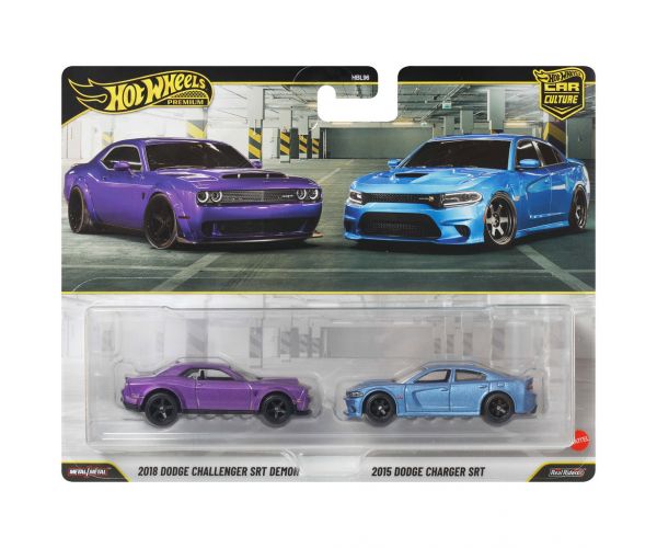 Hot Wheels: Deluxe 2018 Dodge Challenger SRT Demon și 2015 Dodge Charger SRT, set de 2 mașinuțe 1/64 - Mattel
