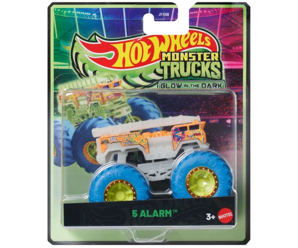 Hot Wheels Monster Trucks: 5 Alarm, mașinuță 1/64 cu roți albastre, care luminează în întuneric – Mattel