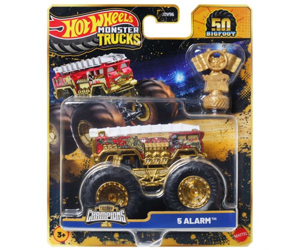 Hot Wheels Monster Trucks: 5 Alarm mașinuță campion cu trofeu 1/64 - Mattel