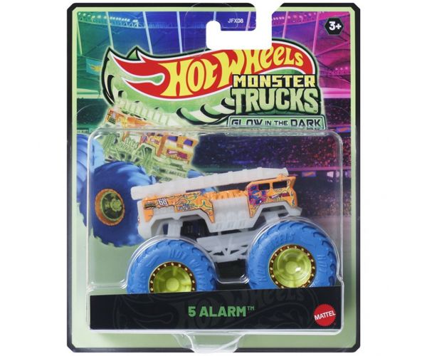 Hot Wheels Monster Trucks: 5 Alarm, mașinuță în scara 1/64 care luminează în întuneric – Mattel