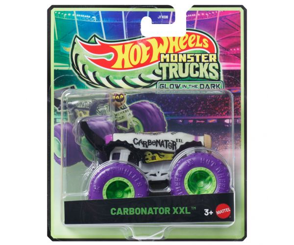 Hot Wheels Monster Trucks: Carbonator XXL mașinuță albă care luminează în întuneric, 1/64 - Mattel