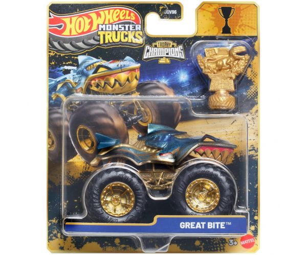Hot Wheels Monster Trucks: Great Bite — mașinuță de campion cu cupă, 1/64 – Mattel