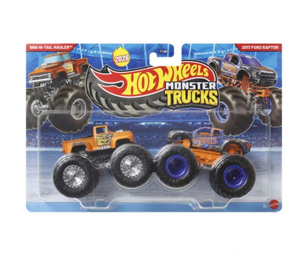 Hot Wheels Monster Trucks: Hi-Tail Hauler din  1956 vs Ford Raptor din 2017, set de 2 mașinuțe 1/64 - Mattel