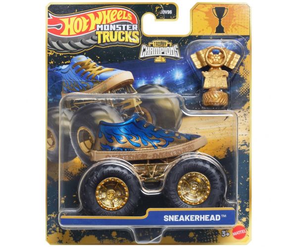 Hot Wheels Monster Trucks: Mașinuță campioană „Sneakerhead” cu trofeu 1/64 – Mattel