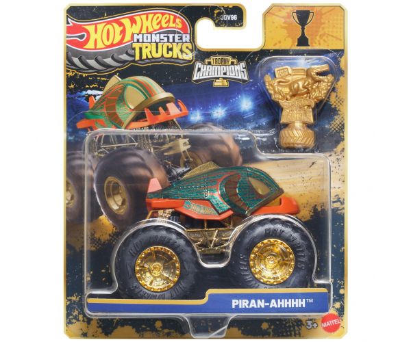 Hot Wheels Monster Trucks: Piran-Ahhh mașinuță de campion cu cupă 1/64 – Mattel