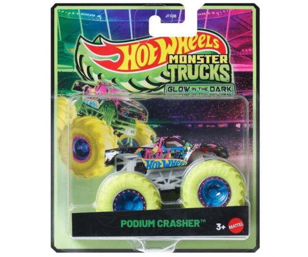 Hot Wheels Monster Trucks: Podium Crasher — mașinuță 1/64 care luminează în întuneric – Mattel
