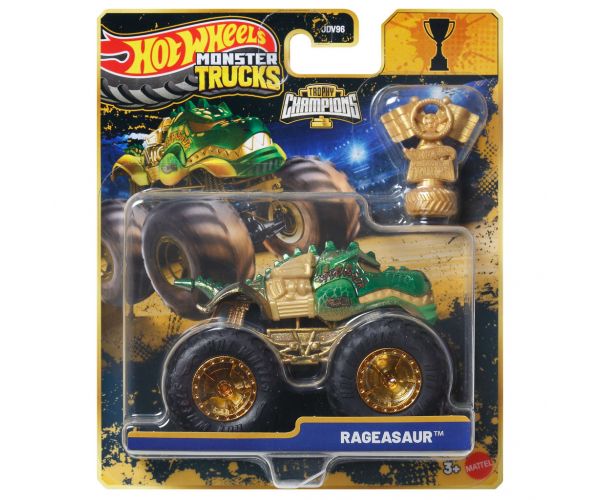 Hot Wheels Monster Trucks: Rageasaur mașinuță monster de campion cu trofeu 1/64 - Mattel